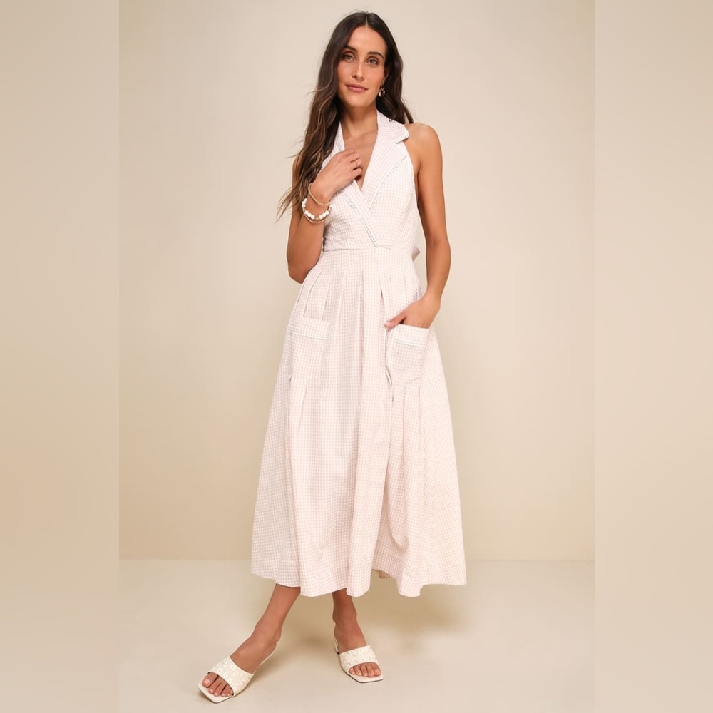LULUS Exceedingly Charming Beige Gingham Tie-Back Halter Midi Dress new with tag
